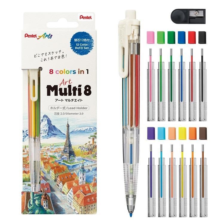 Pentel Art Multi 8 2.0mm 12 renkli kalemtıraşlı set 