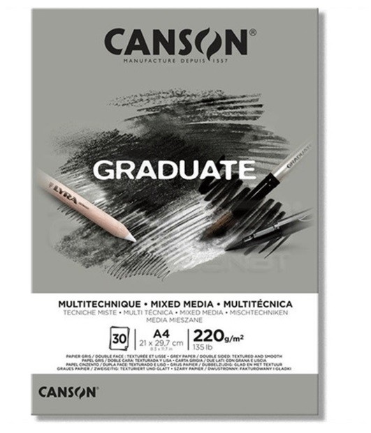  Canson Graduate Mix Media GREY A4 220gr 30 yp Resim Defteri