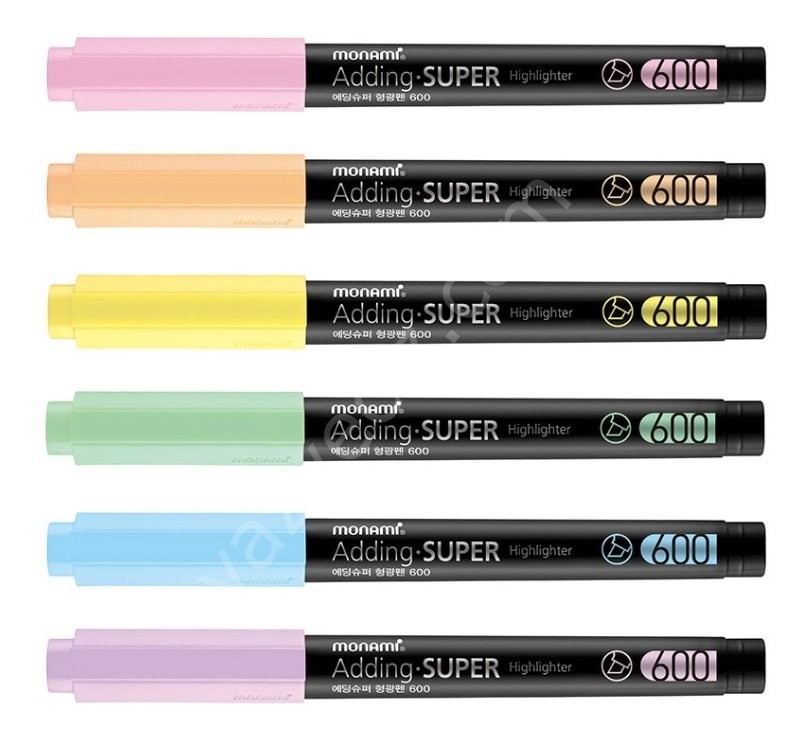 Monami Adding Super 600, 6'lı Pastel Renk Fosforlu Kalem Seti