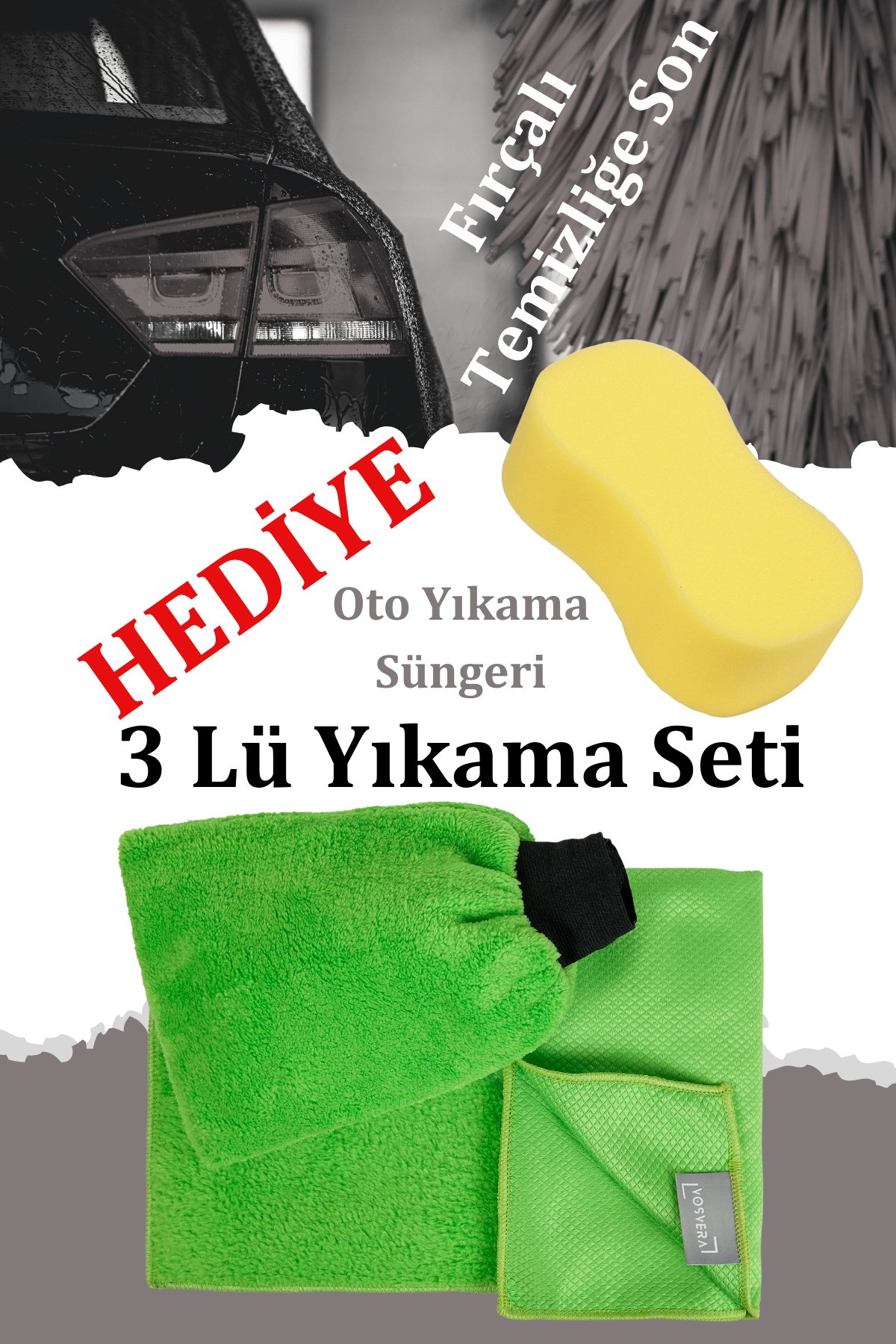 3' Lü Yeşil Yıkama Seti Araba Yıkama Eldiveni 40x40 cm Kurulama Havlusu Ve Mikrofiber Cam Bezi