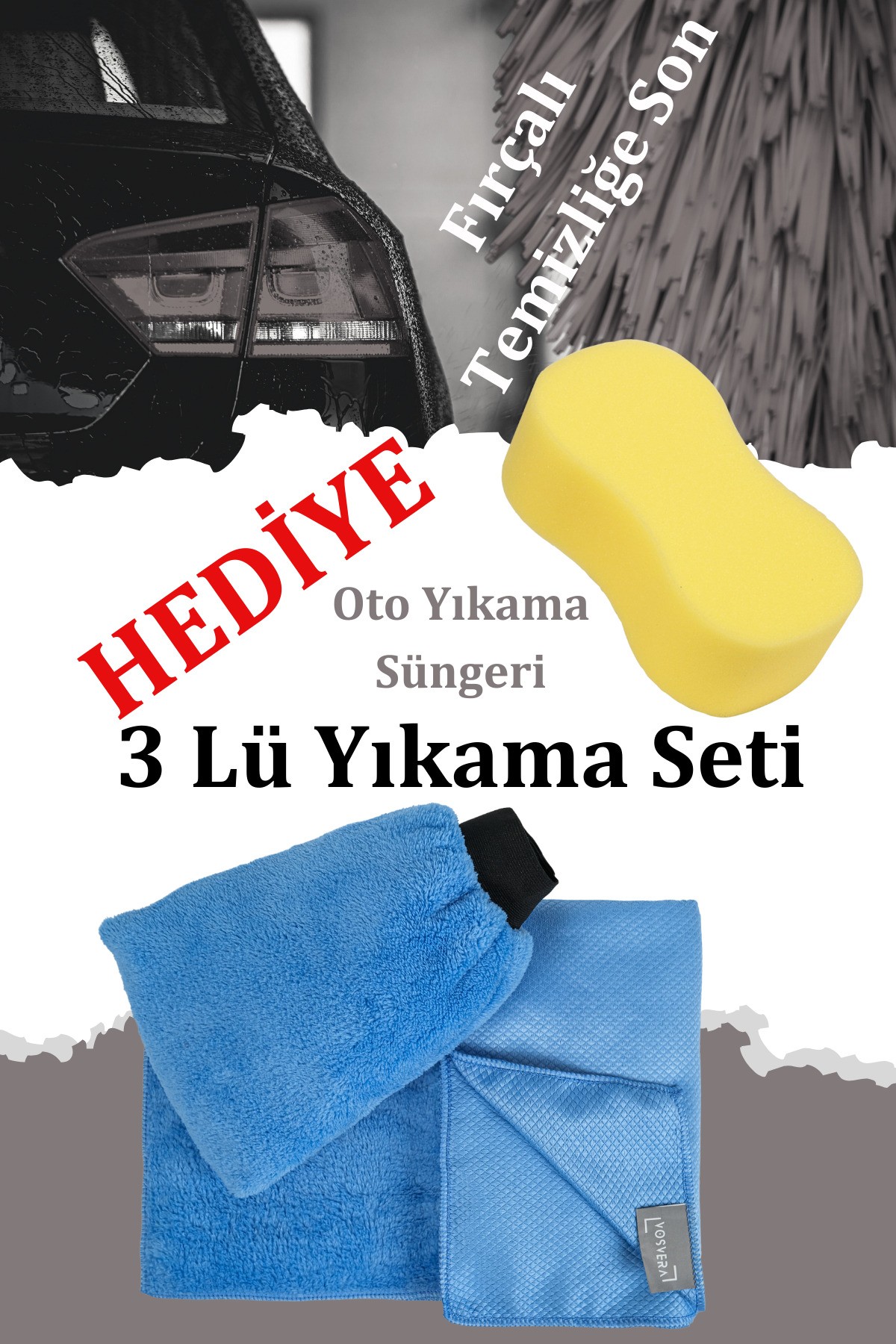 3' Lü Mavi Yıkama Seti Araba Yıkama Eldiveni 50x70 Kurulama Havlusu Ve Mikrofiber Cam Bezi