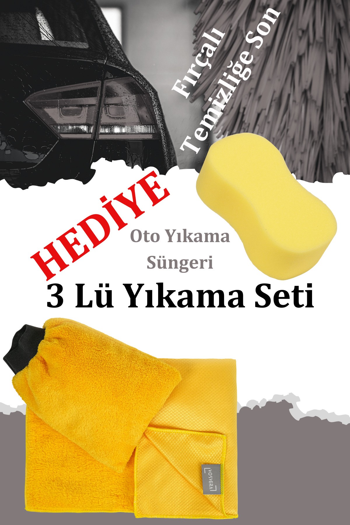 3' Lü Sarı Yıkama Seti Araba Yıkama Eldiveni 50x70 Kurulama Havlusu Ve Mikrofiber Cam Bezi