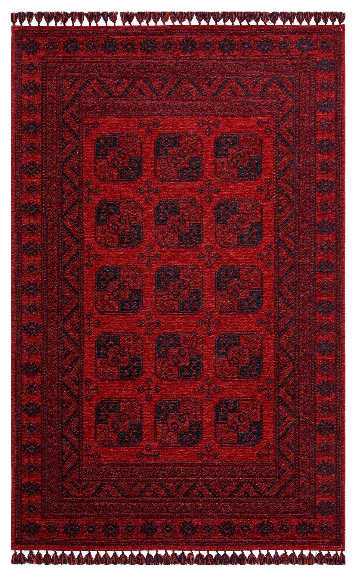 Türkmen 01 RED Afgan / Yağcıbedir Desenli Hav Toz Vermez Yıkanabilir Kaymaz İnce Dokuma Halı