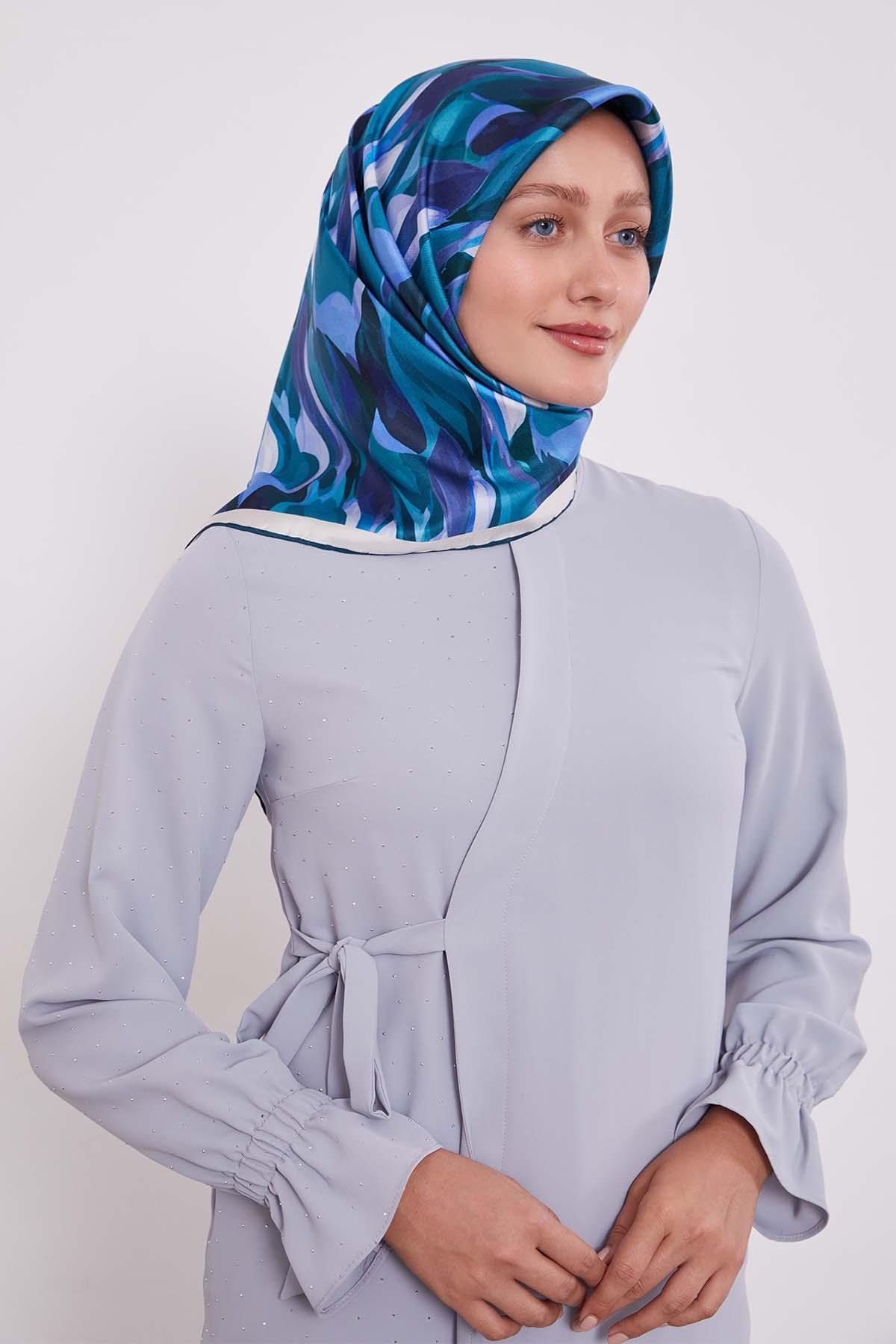 Levidor Petrol Yeşili Ebruli Desen Twill İpek Eşarp image