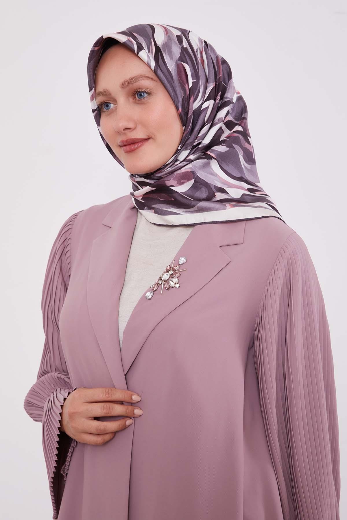 Levidor K.Mor Ebruli Desen Twill İpek Eşarp