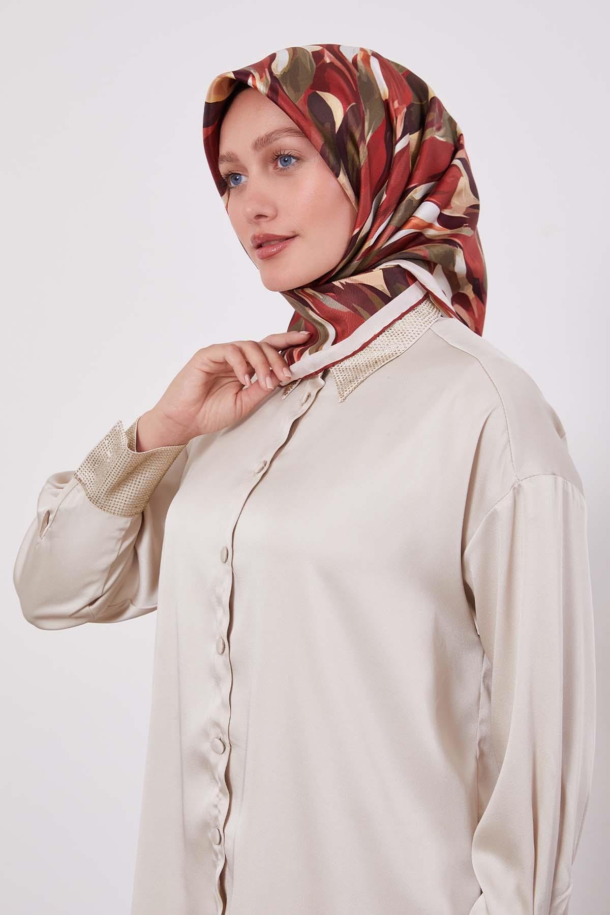 Levidor Kiremit Ebruli Desen Twill İpek Eşarp