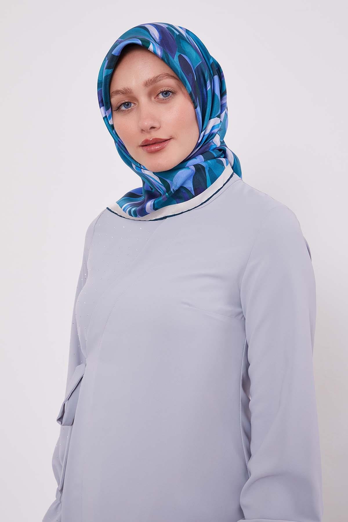 Levidor Petrol Yeşili Ebruli Desen Twill İpek Eşarp