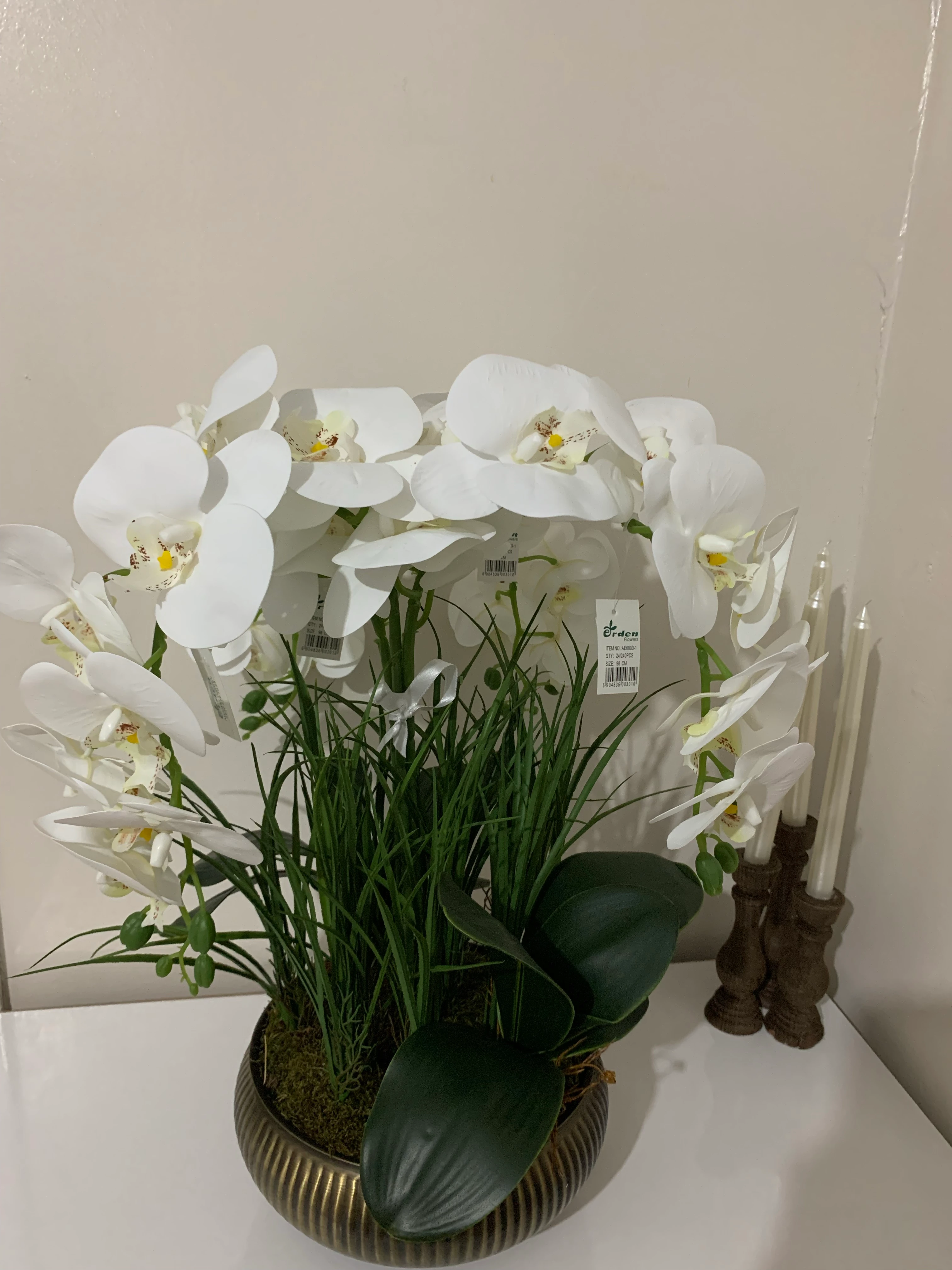 Yapay Çiçek Eskitme Saksıda 4 lü Islak Beyaz Orkide