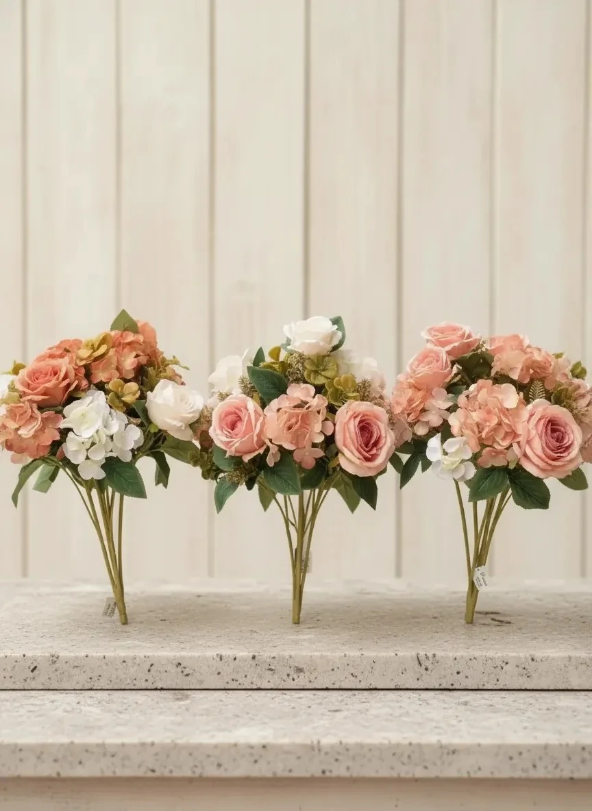 Yapay Demet Çiçek Jumbo( büyük) Boy Gül- Ortanca Krem Renk