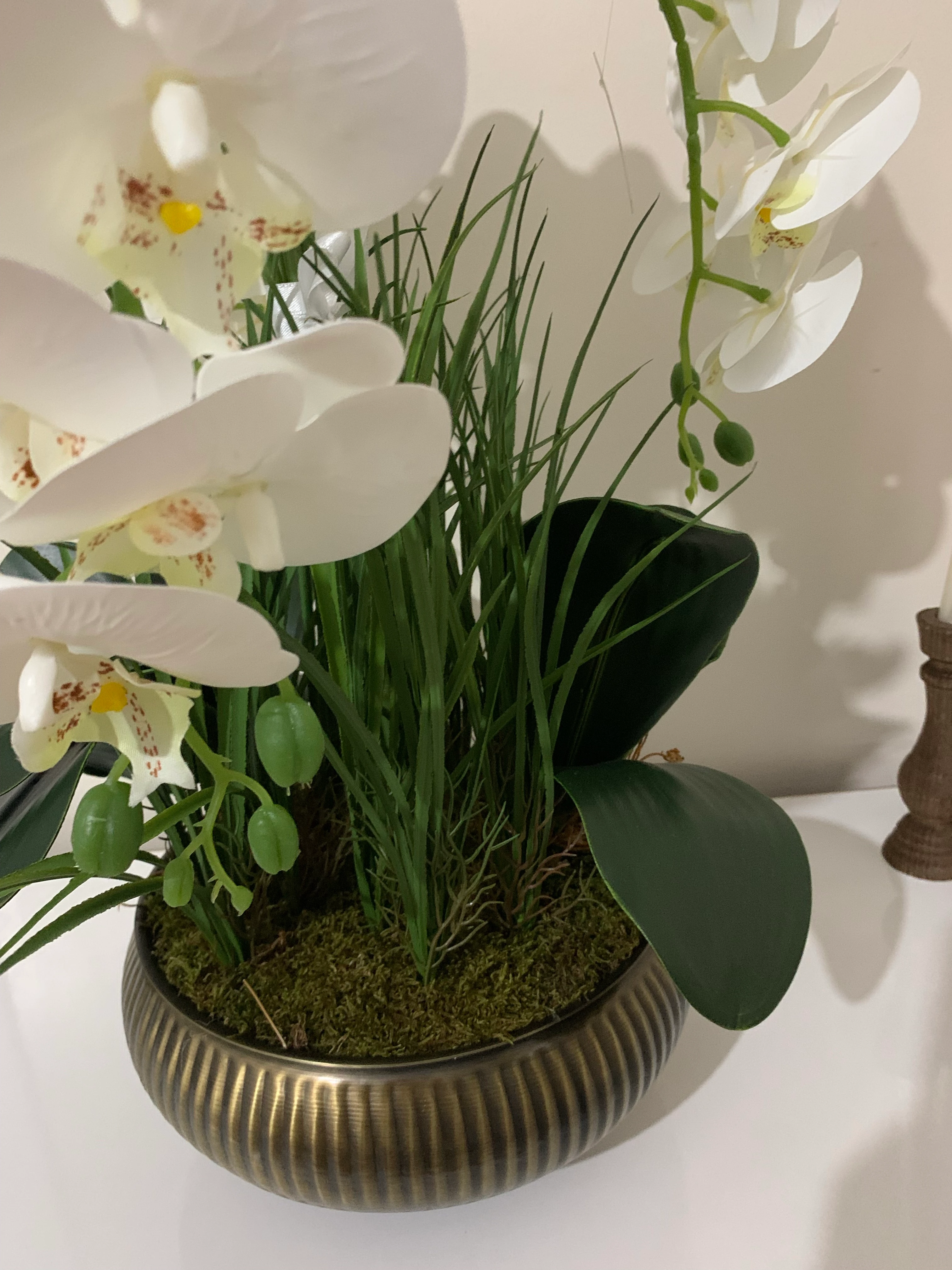 Yapay Çiçek Eskitme Saksıda 4 lü Islak Beyaz Orkide