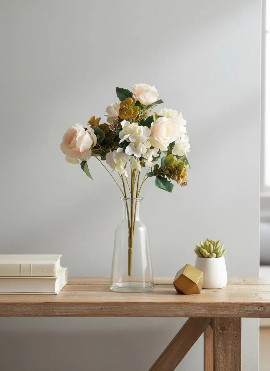 Yapay Demet Çiçek Jumbo( büyük) Boy Gül- Ortanca Krem Renk