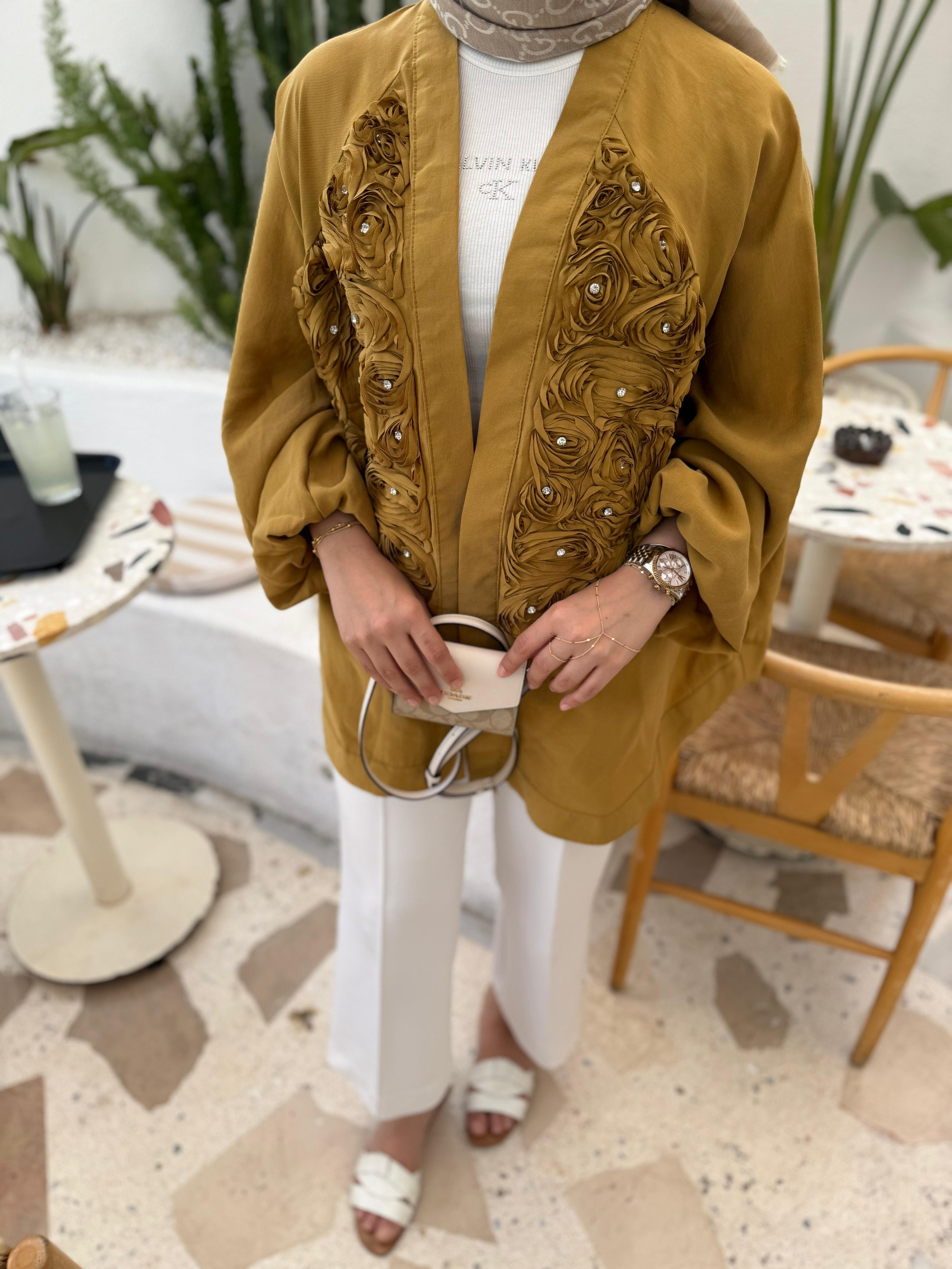 Gül Detaylı Kimono Yağ Yeşili
