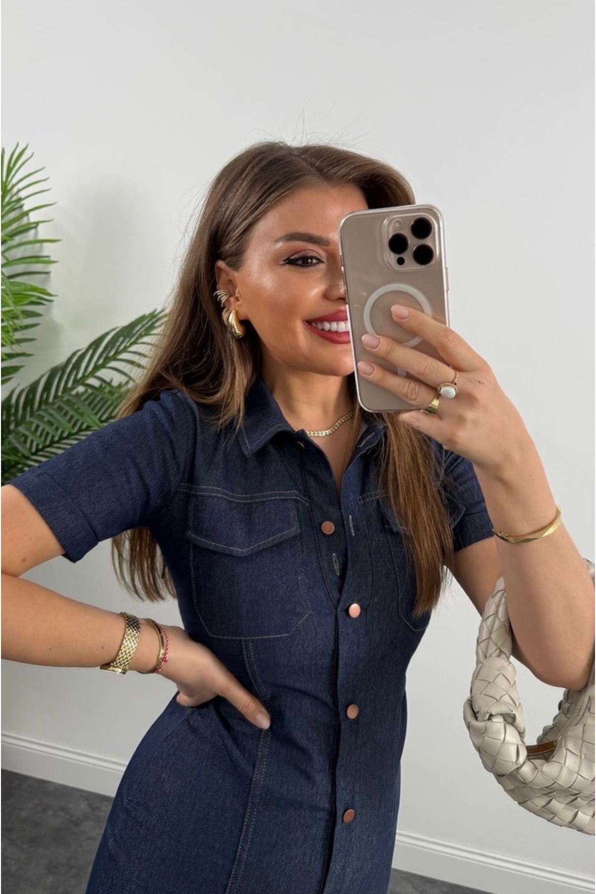Lacivert Denim Önden Düğmeli Midi Elbise