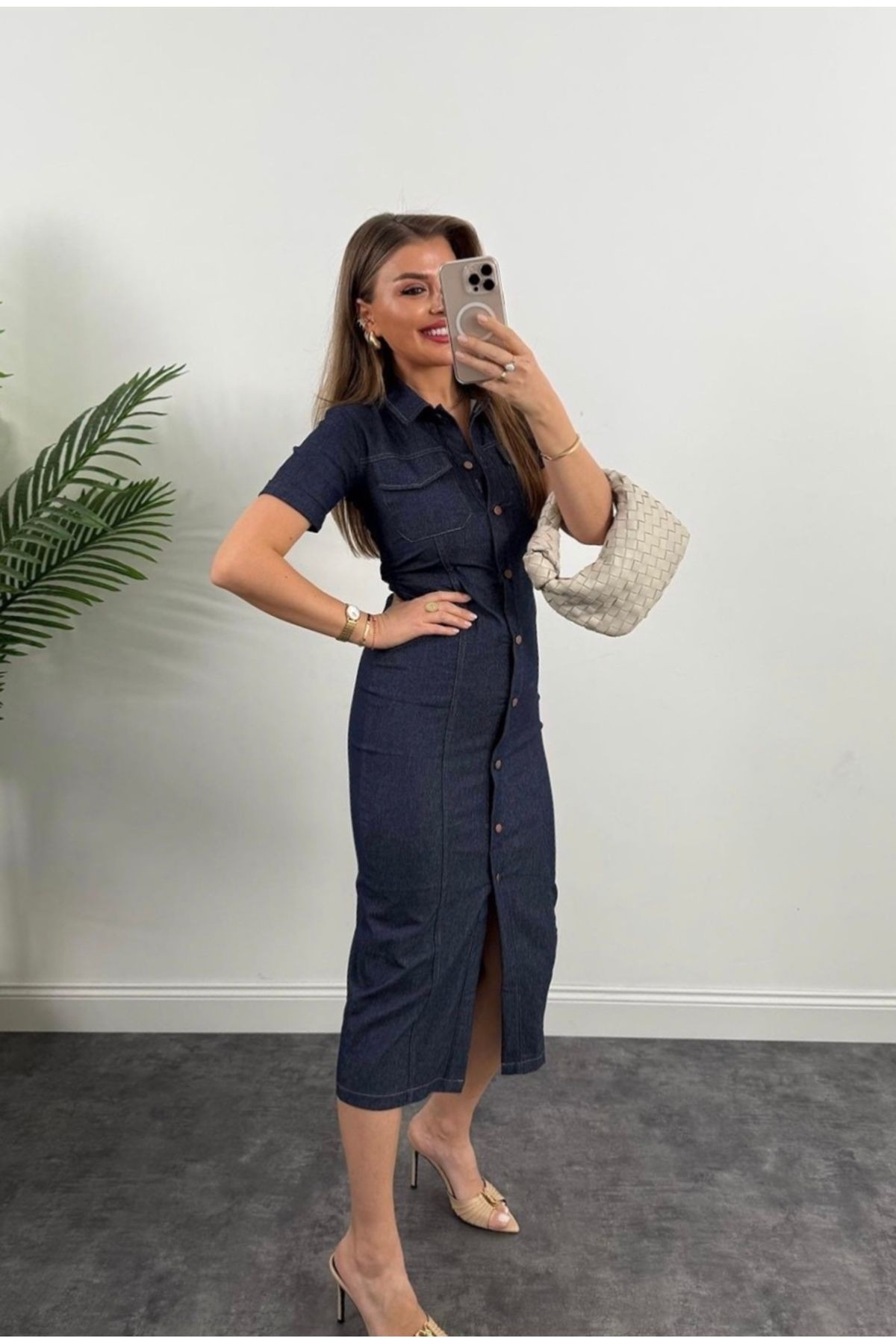 Lacivert Denim Önden Düğmeli Midi Elbise