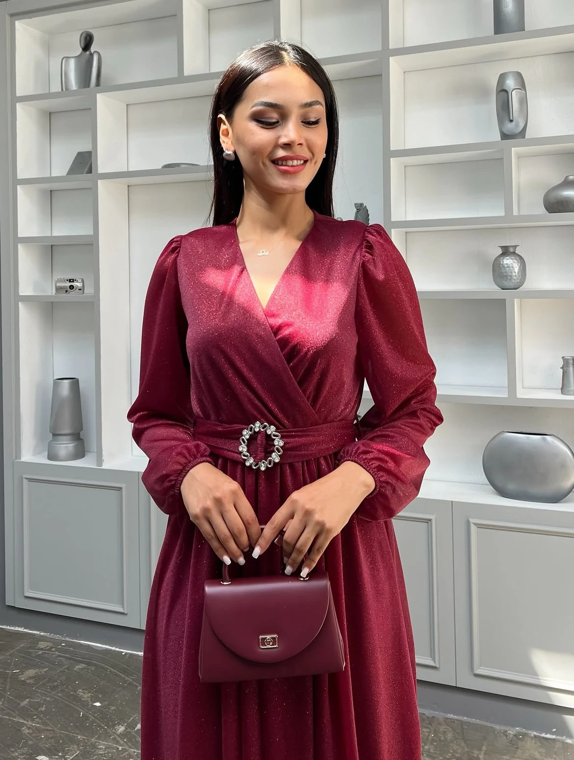 Bordo Kruvaze Yaka Simli Tül Elbise