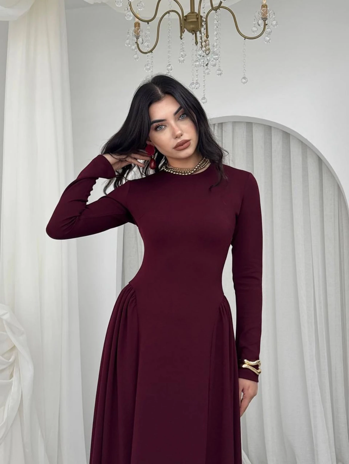 Bordo Kadın Piliseli Tasarım Elbise