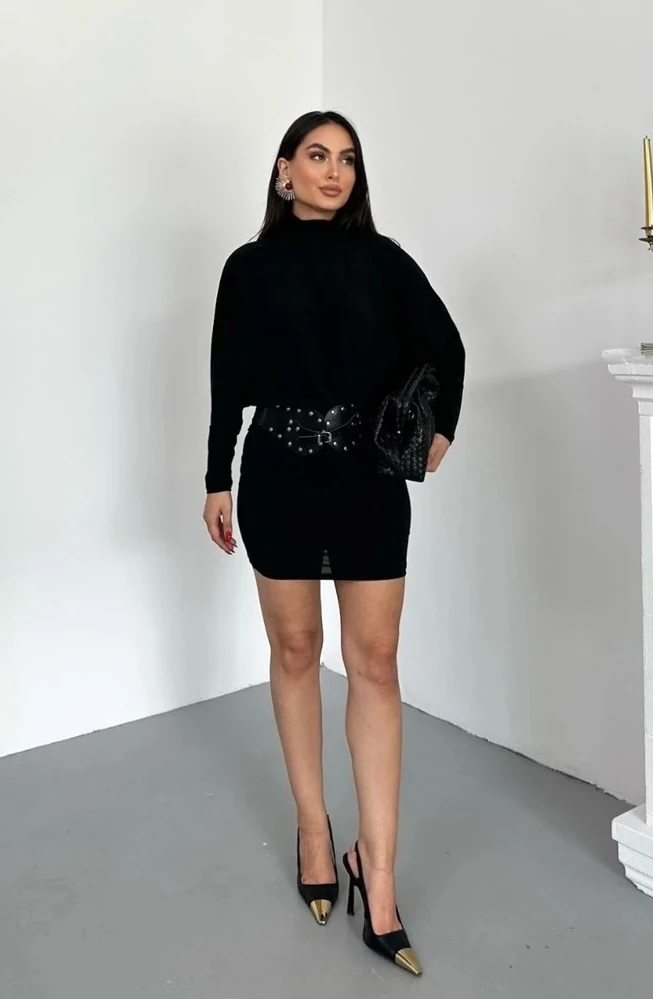 Siyah Kadın Yarasa Kol Kemerli Mini Elbise