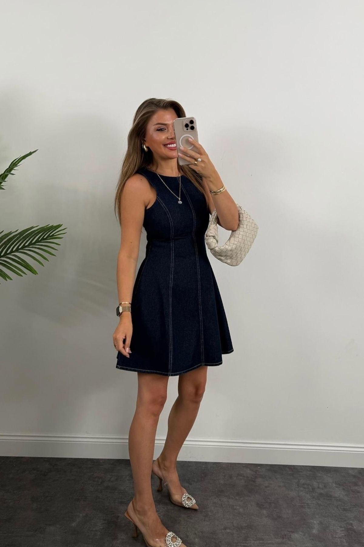 Lacivert Denim Dikiş Detaylı Kloş Mini Elbise