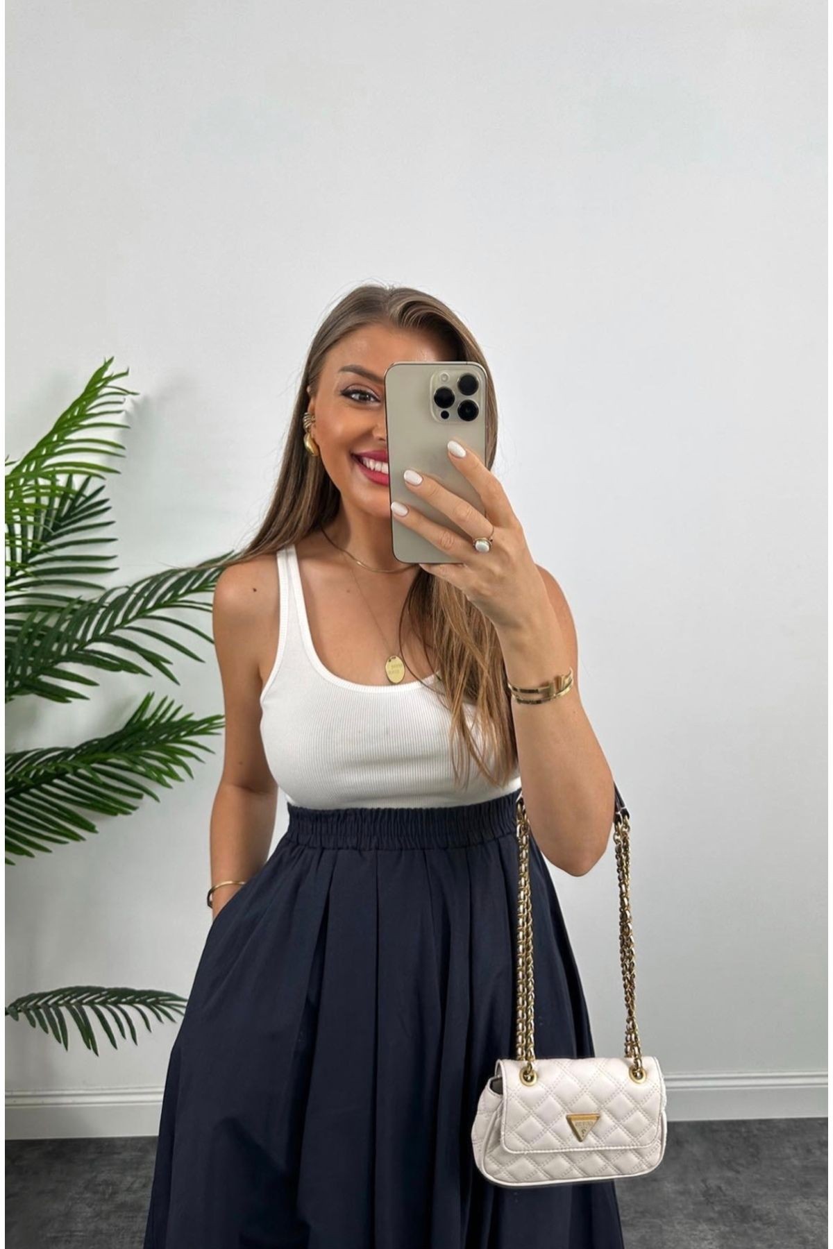 Lacivert Poplin Bel Lastikli Kloş Poplin Midi Etek