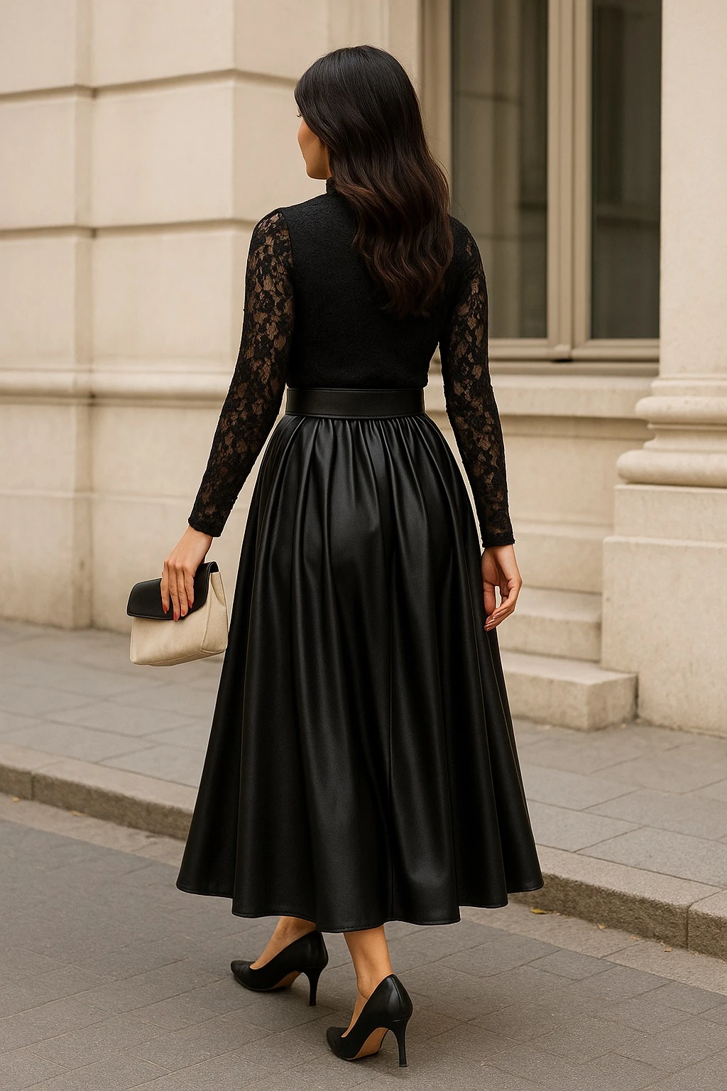 Siyah Kadın Kolları Dantel Detaylı Kemerli Deri Etekli Elbise