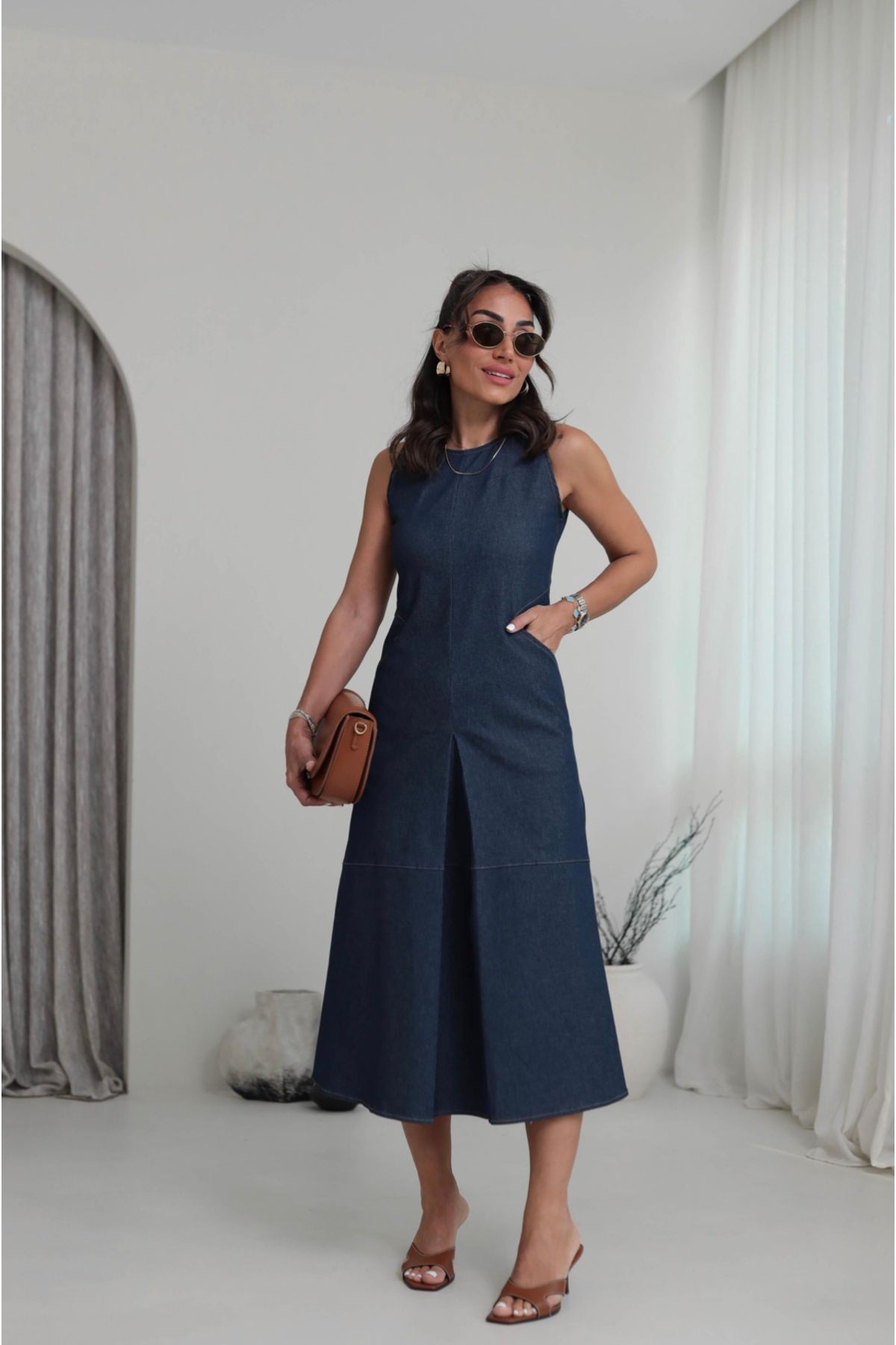 Lacivert Denim Dikiş Detaylı Cepli Midi Elbise