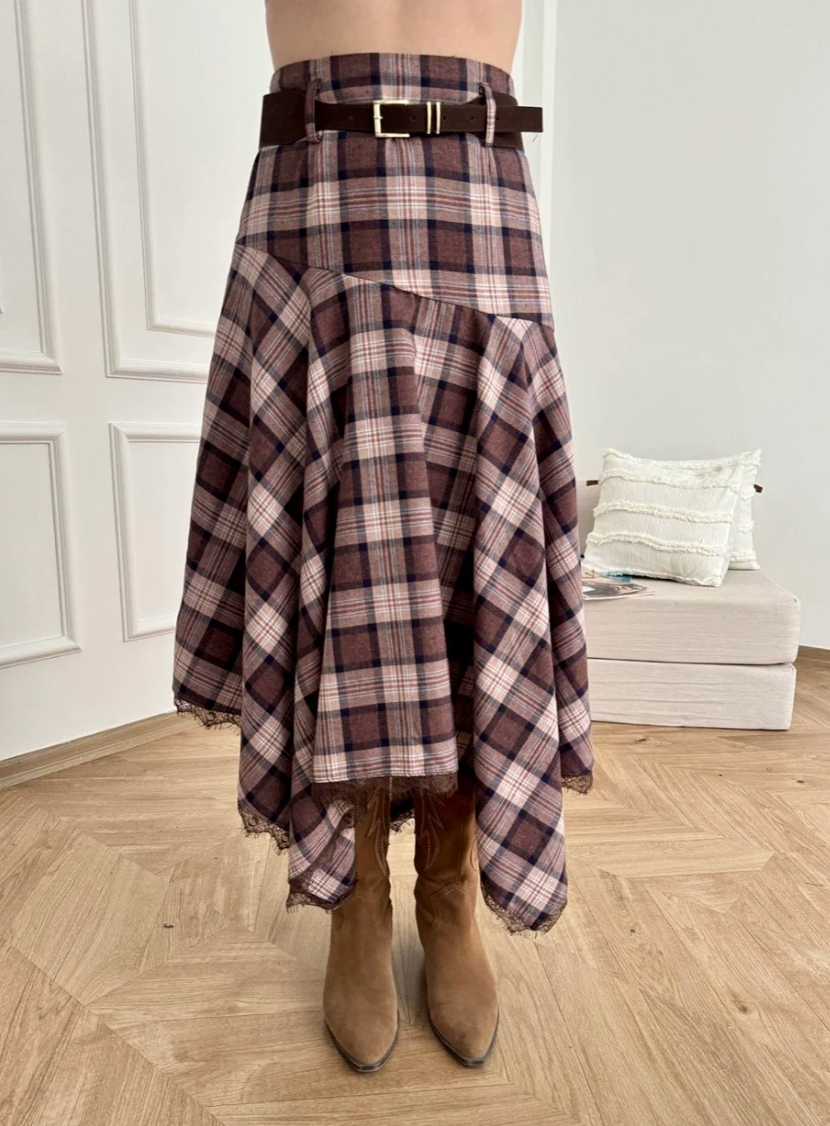 Kahverengi Kadın Kemerli Ekose Uzun Etek