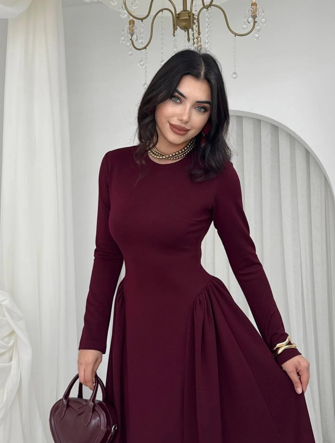 Bordo Kadın Piliseli Tasarım Elbise