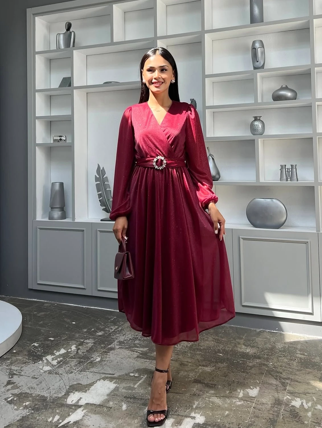 Bordo Kruvaze Yaka Simli Tül Elbise