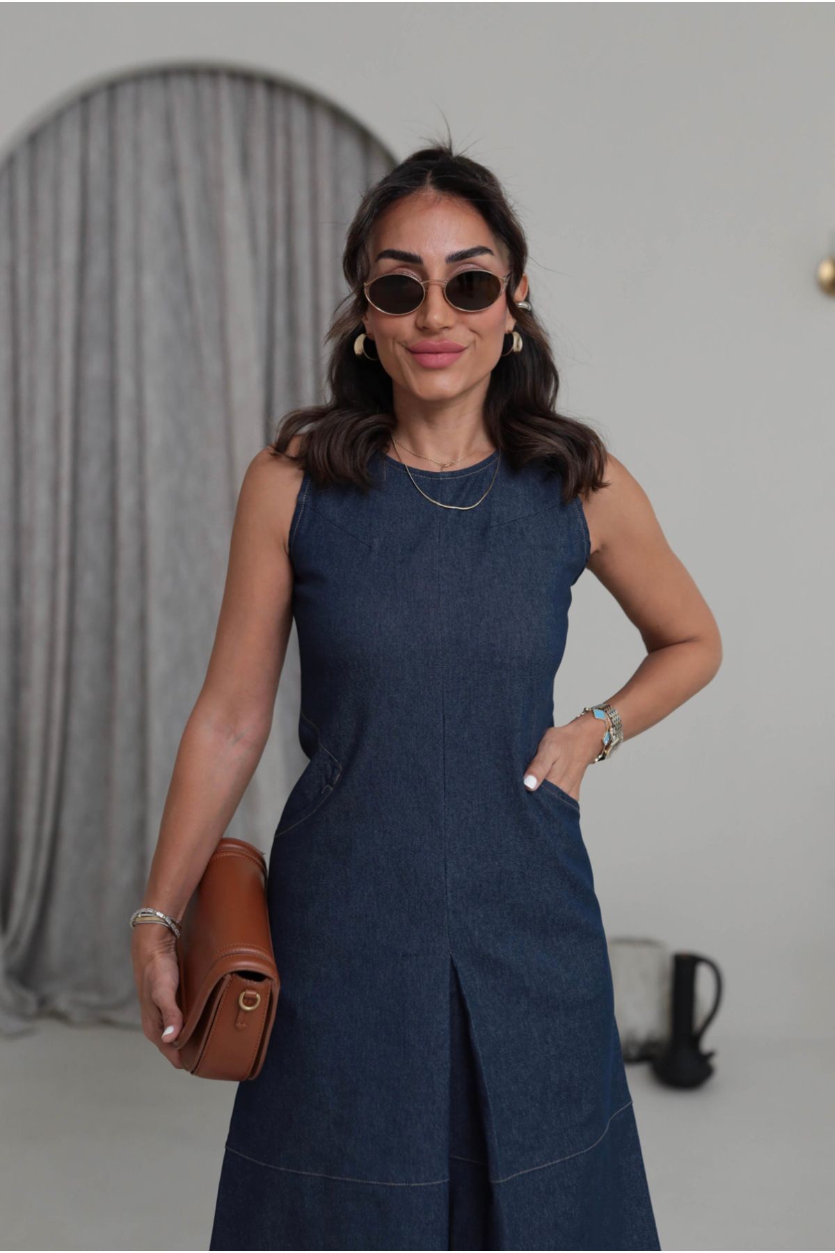Lacivert Denim Dikiş Detaylı Cepli Midi Elbise