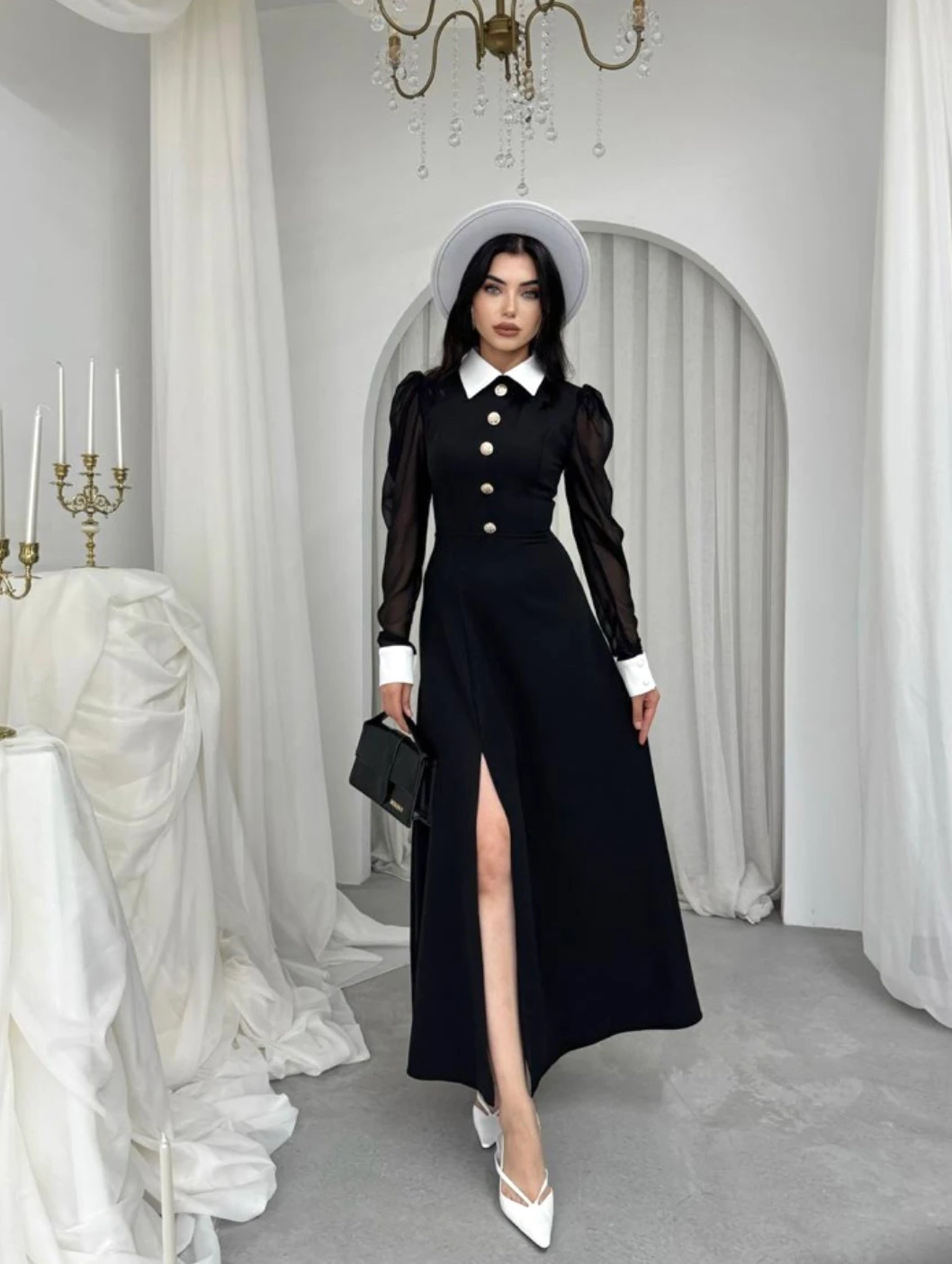 Siyah Kadın Şifon Kollu Düğme Detaylı Elbise