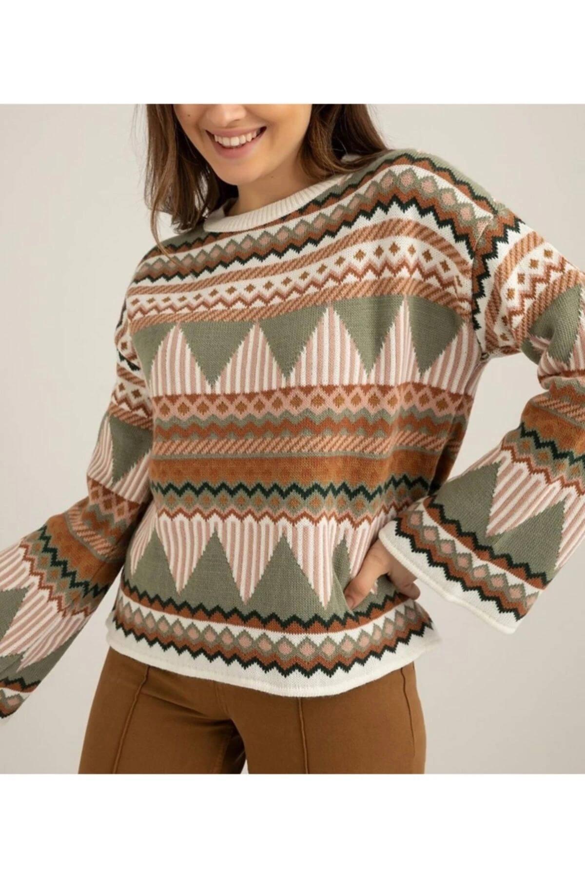 Kadın Bej Etnik Desenli Triko Kazak