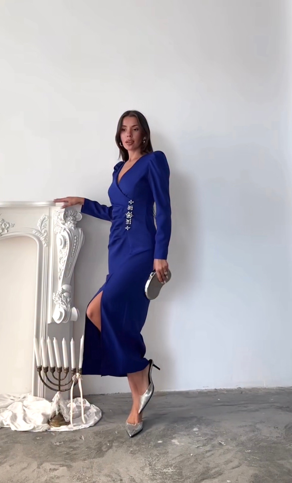 Saks Mavi Taş Baskılı Yırtmaçlı Elbise