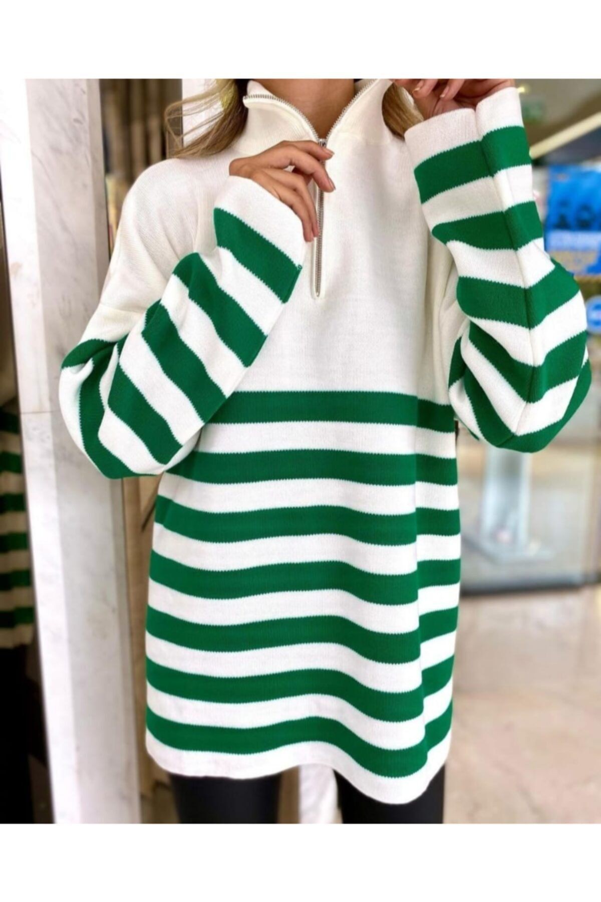Yeşil Çizgili Oversize Triko Kazak
