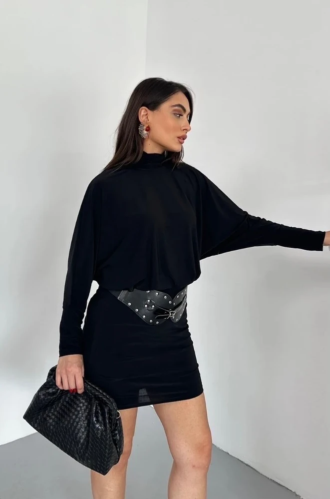 Siyah Kadın Yarasa Kol Kemerli Mini Elbise