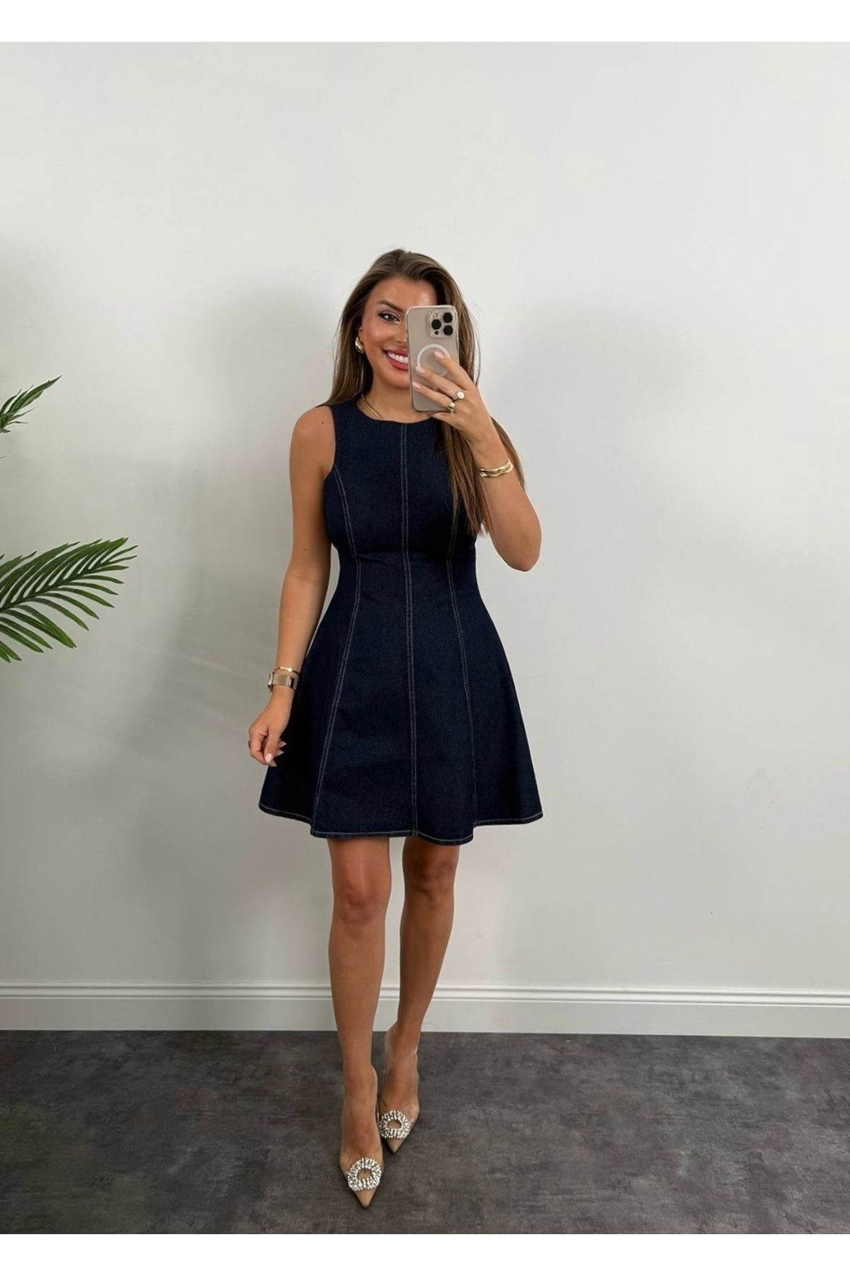 Lacivert Denim Dikiş Detaylı Kloş Mini Elbise