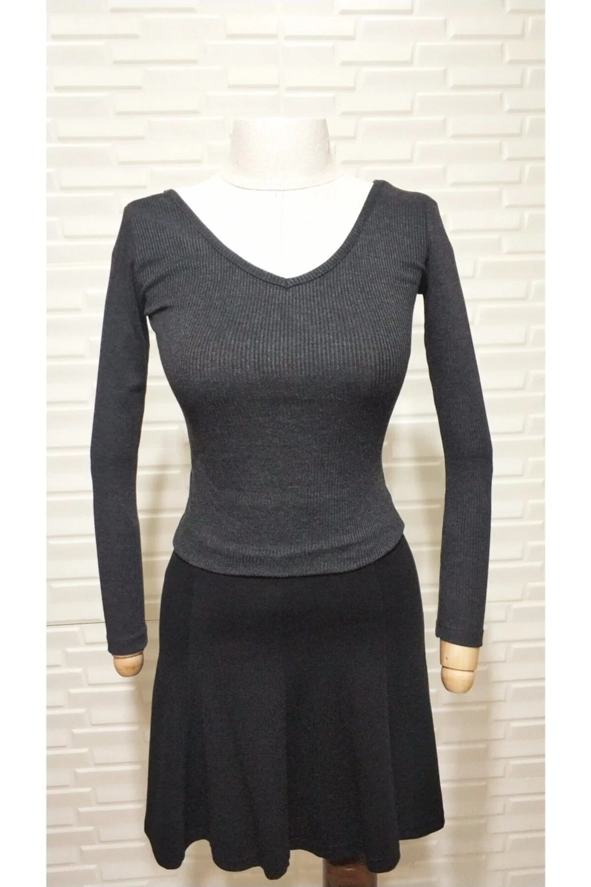 Kadın Antrasit Crop V Yaka Body