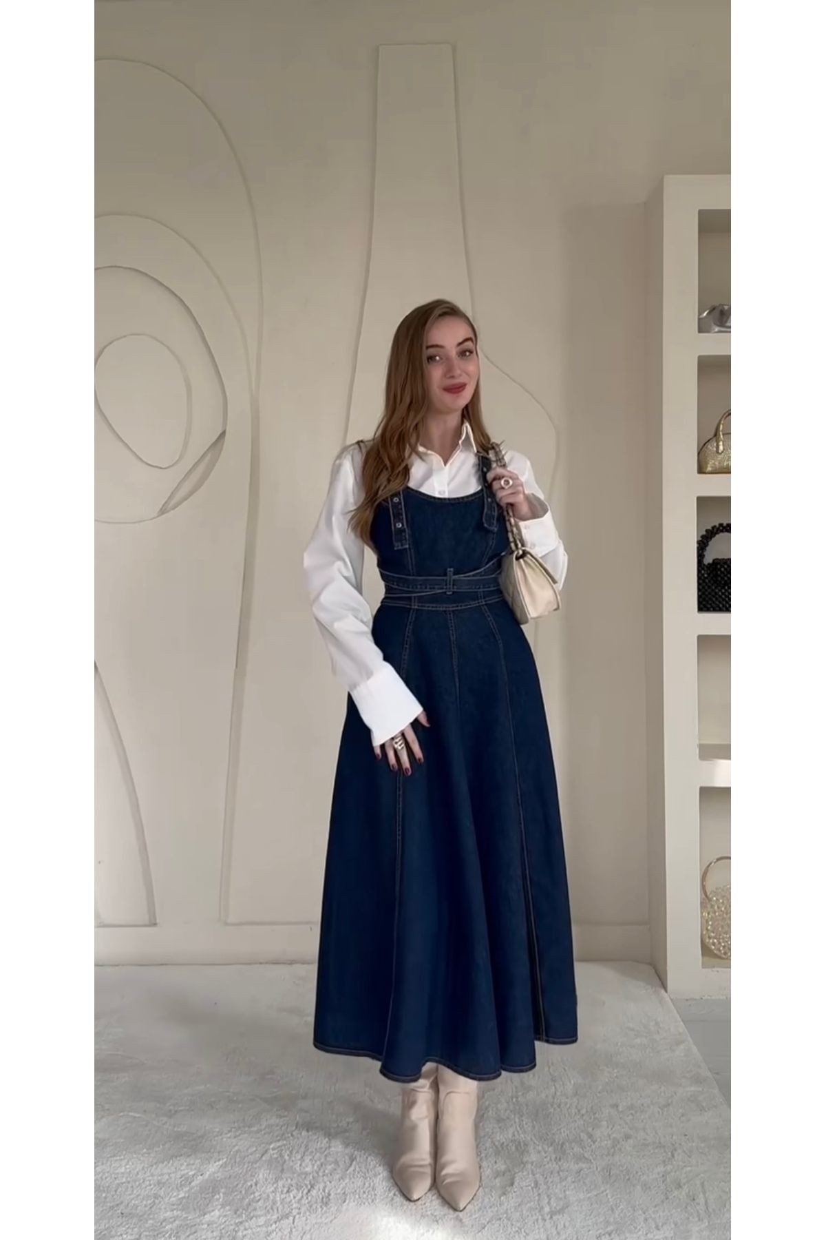 Lacivert Askılı Denim Midi Elbise