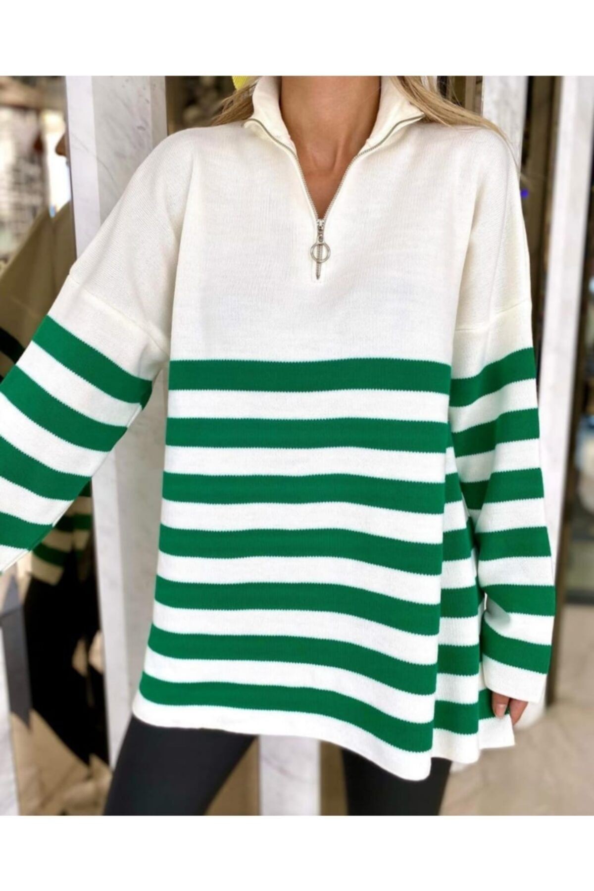 Yeşil Çizgili Oversize Triko Kazak