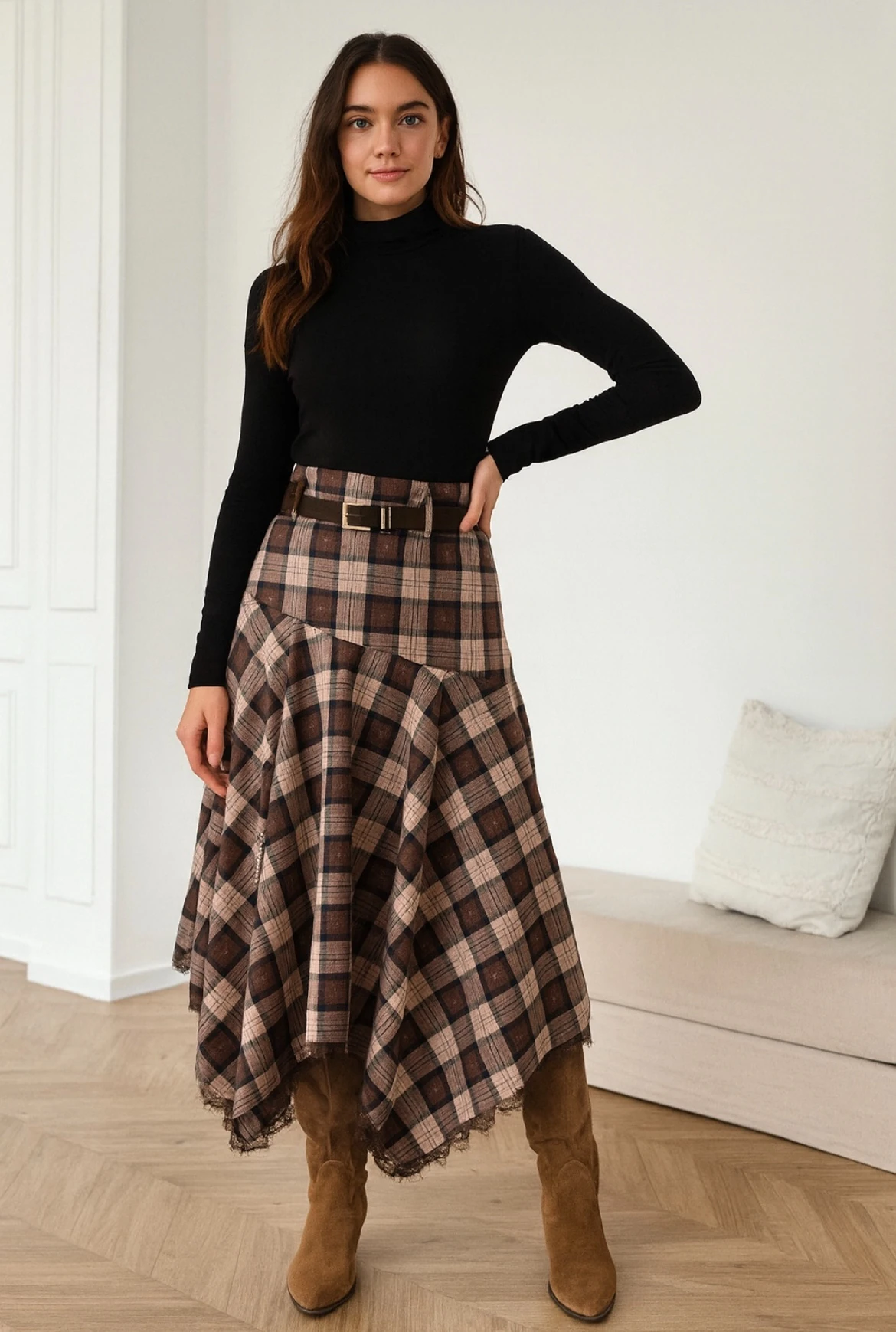 Kahverengi Kadın Kemerli Ekose Uzun Etek