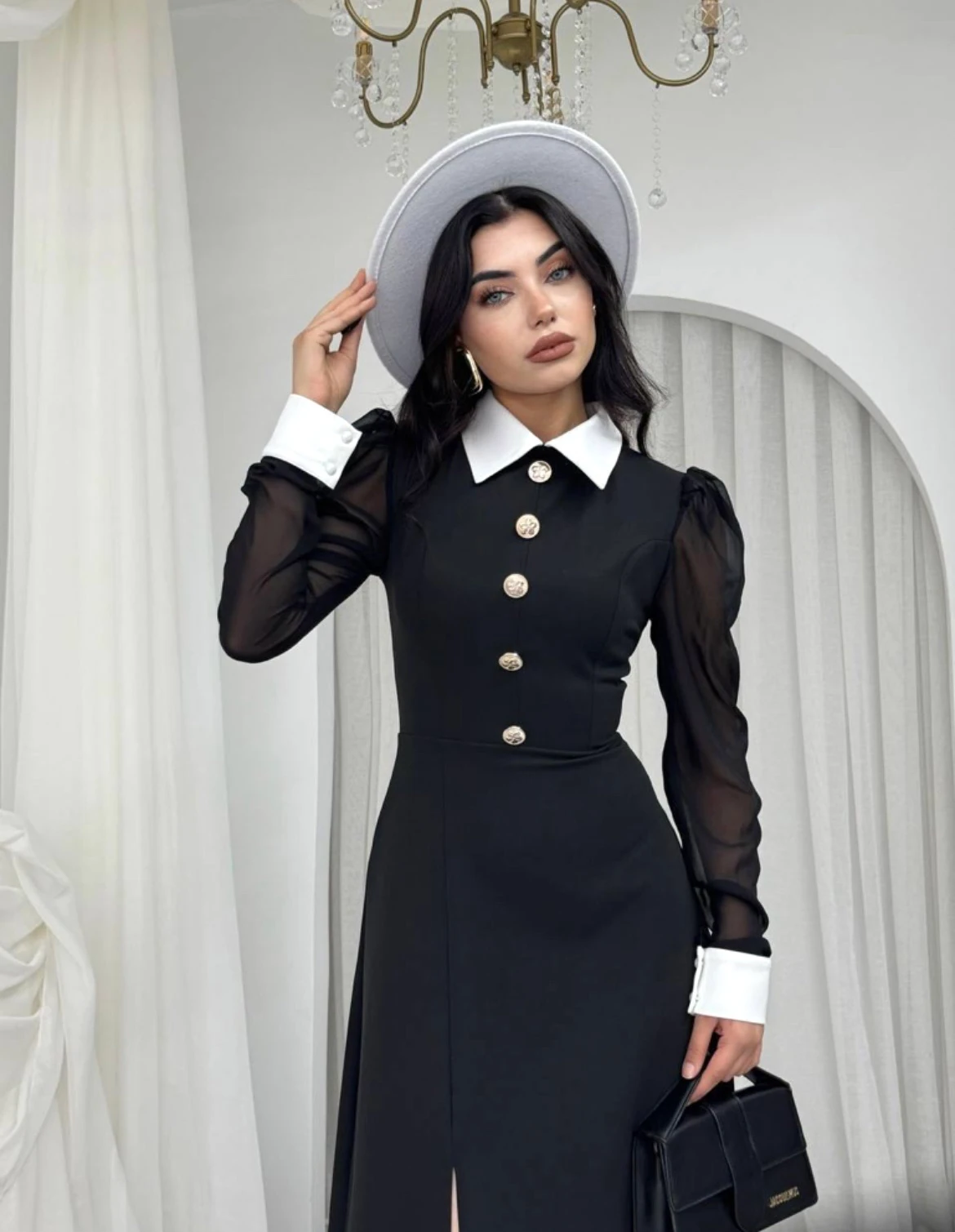 Siyah Kadın Şifon Kollu Düğme Detaylı Elbise