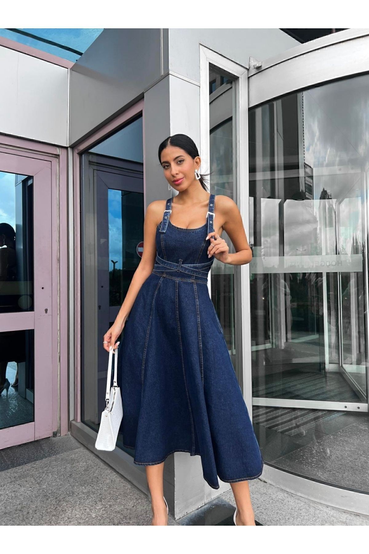 Lacivert Askılı Denim Midi Elbise