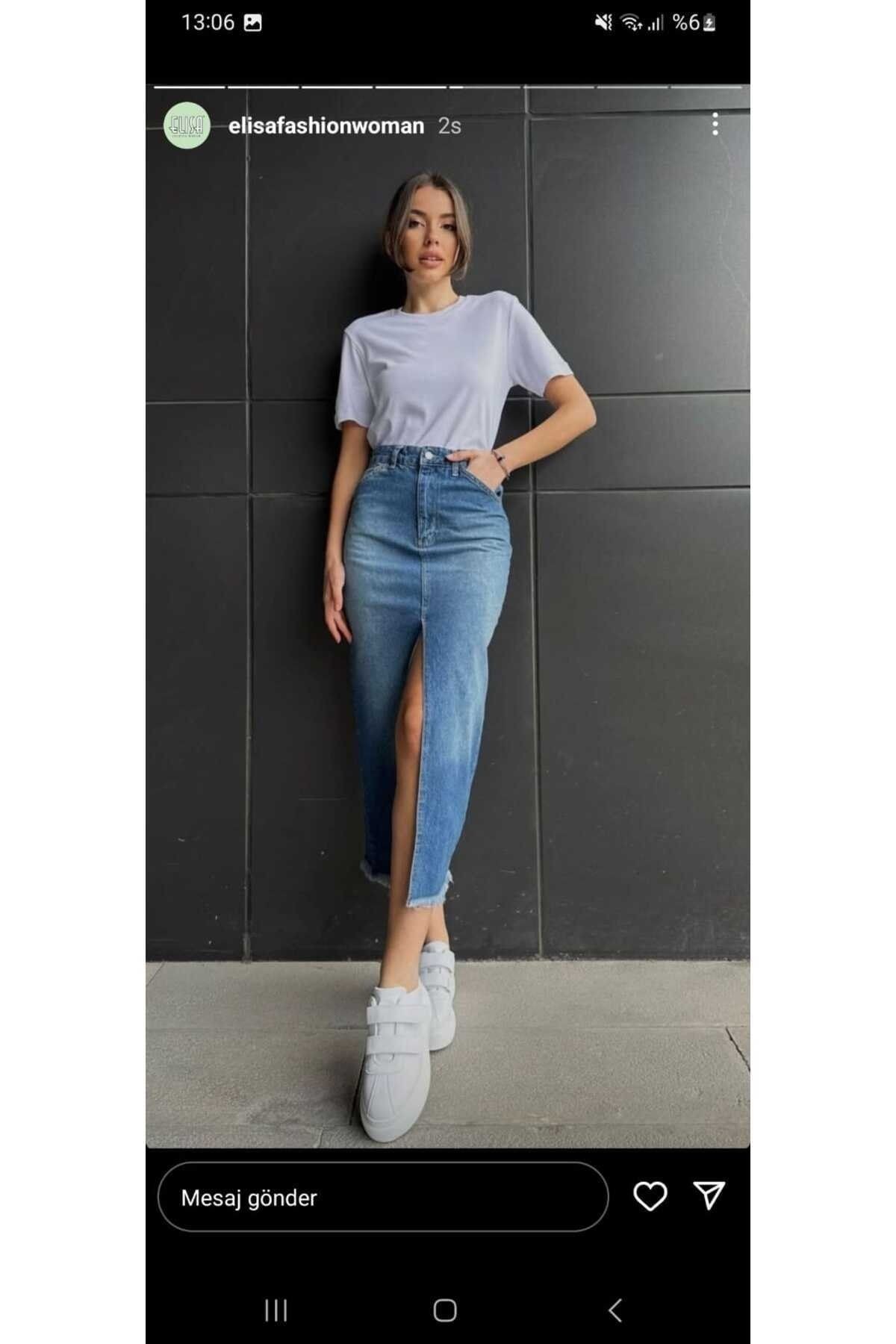 Mavi Yırtmaçlı Midi Boy Denim Etek