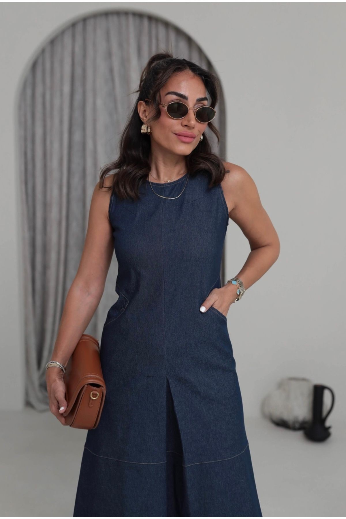 Lacivert Denim Dikiş Detaylı Cepli Midi Elbise