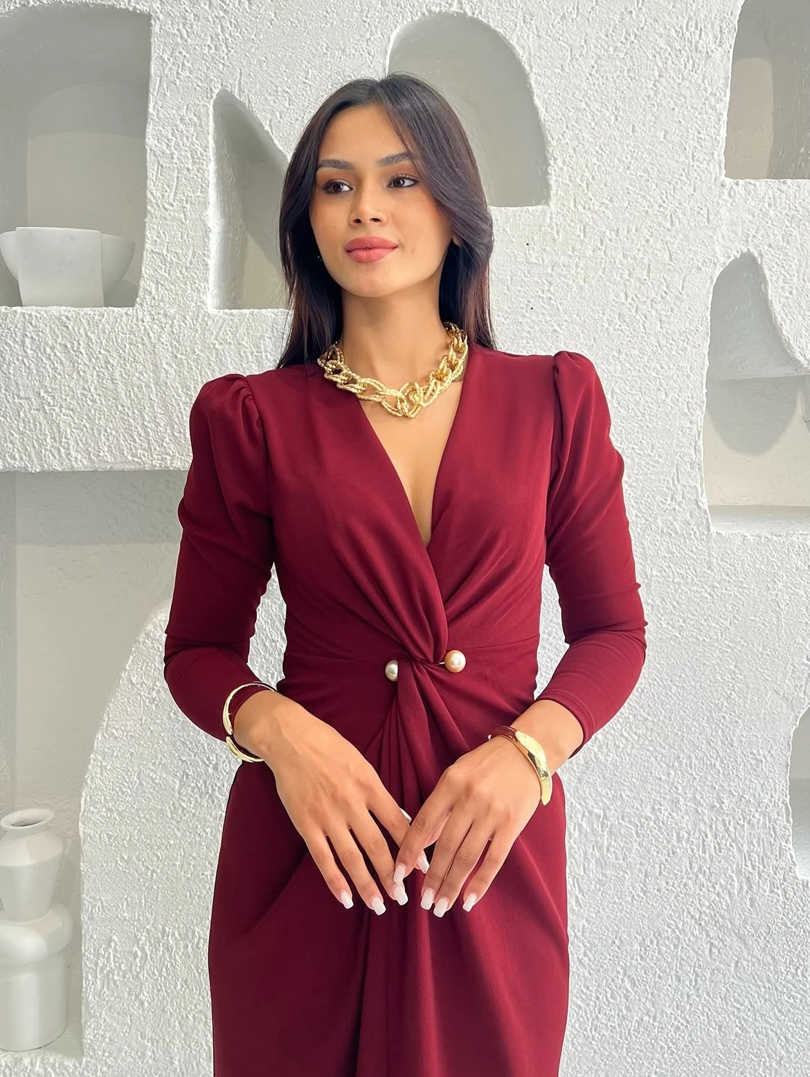 Bordo Kruvaze Yaka Vatkalı Yırtmaçlı Elbise