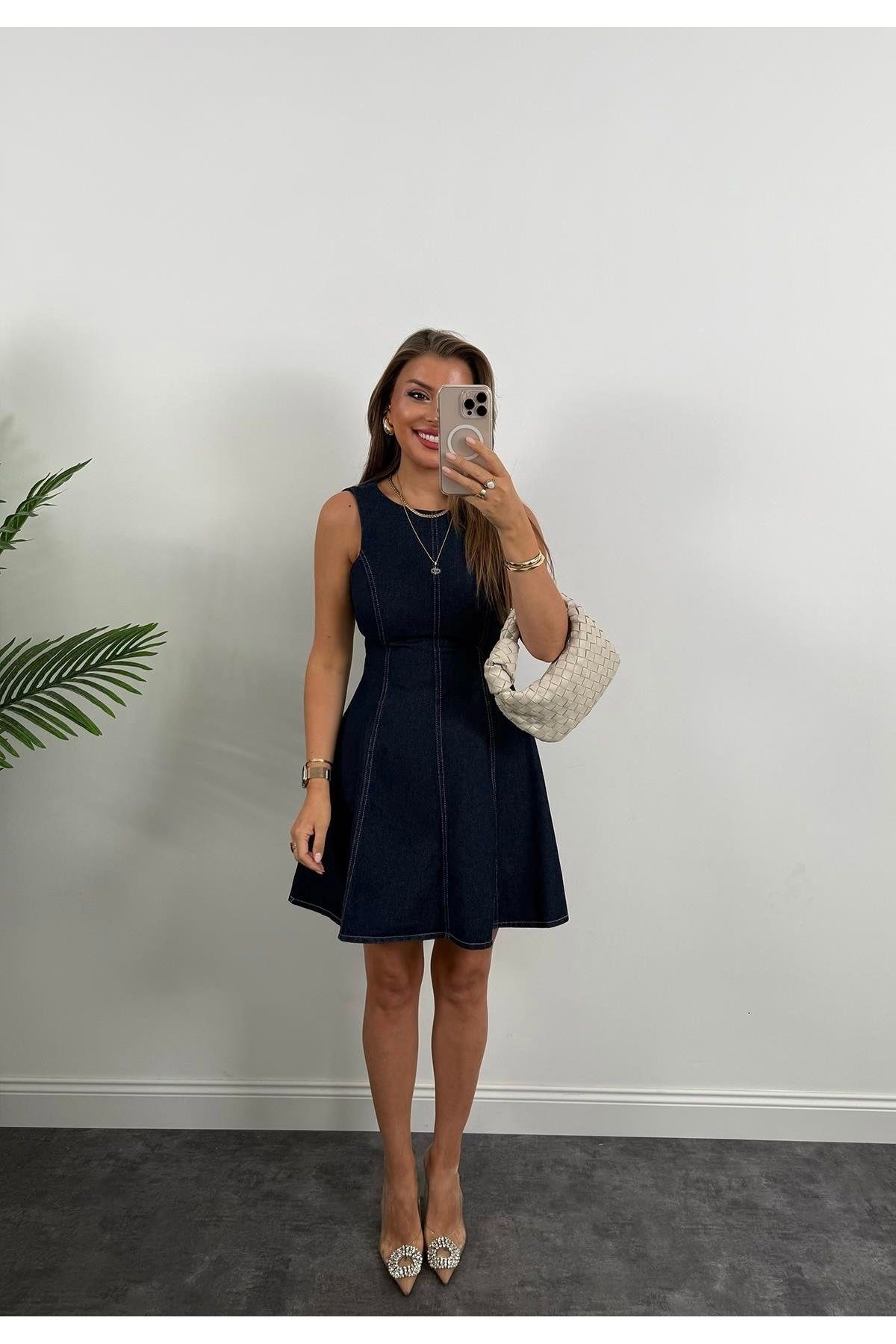 Lacivert Denim Dikiş Detaylı Kloş Mini Elbise