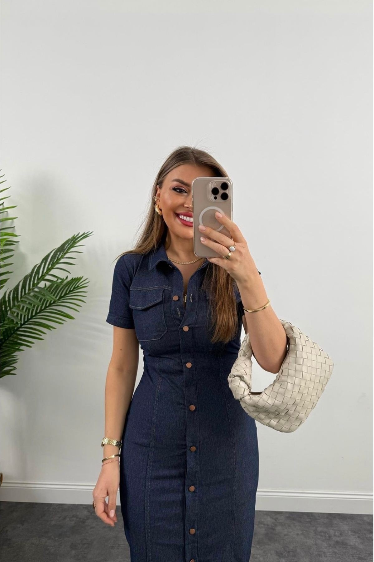 Lacivert Denim Önden Düğmeli Midi Elbise
