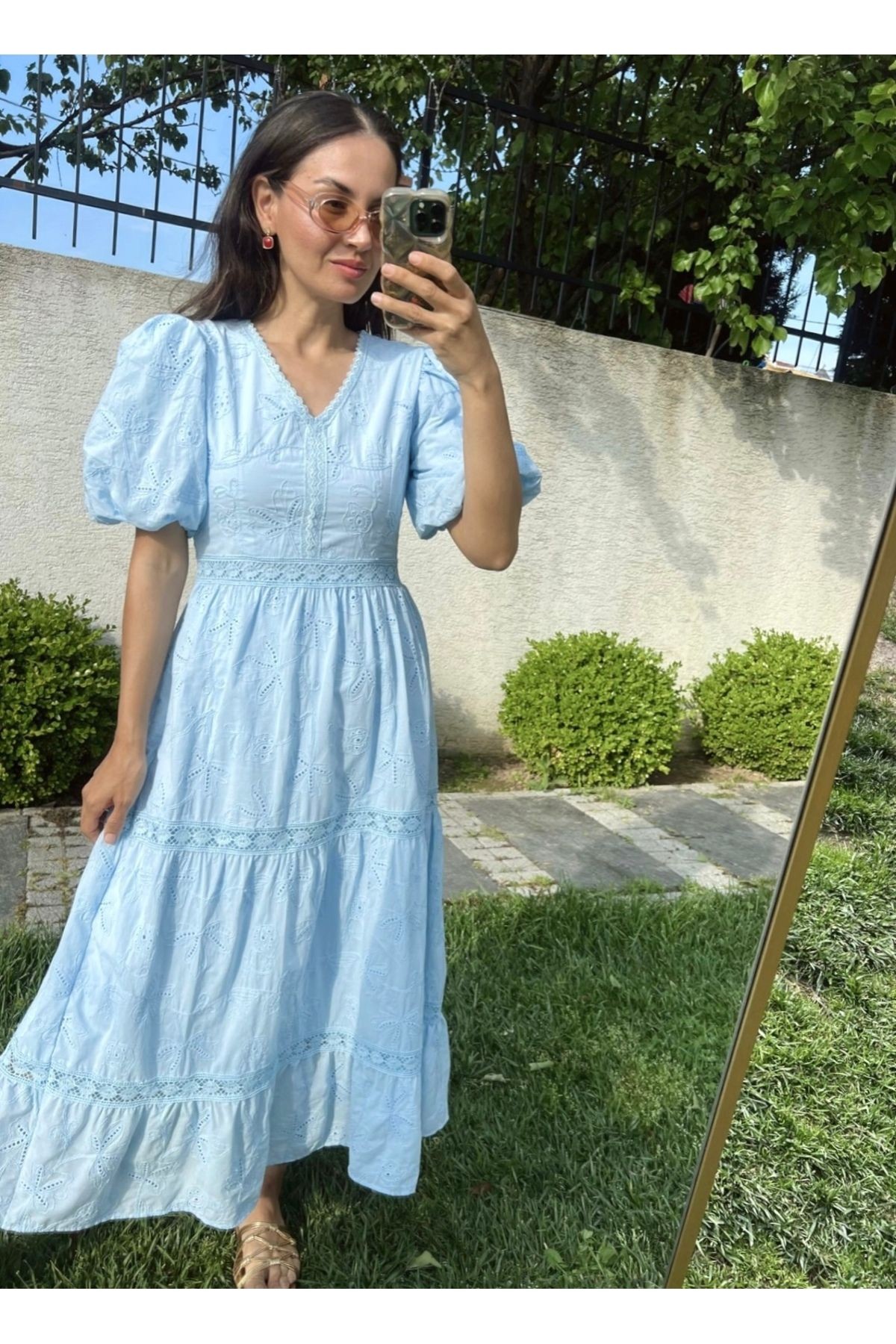 Bebe Mavi Fisto Balon Kol Brode Midi Elbise