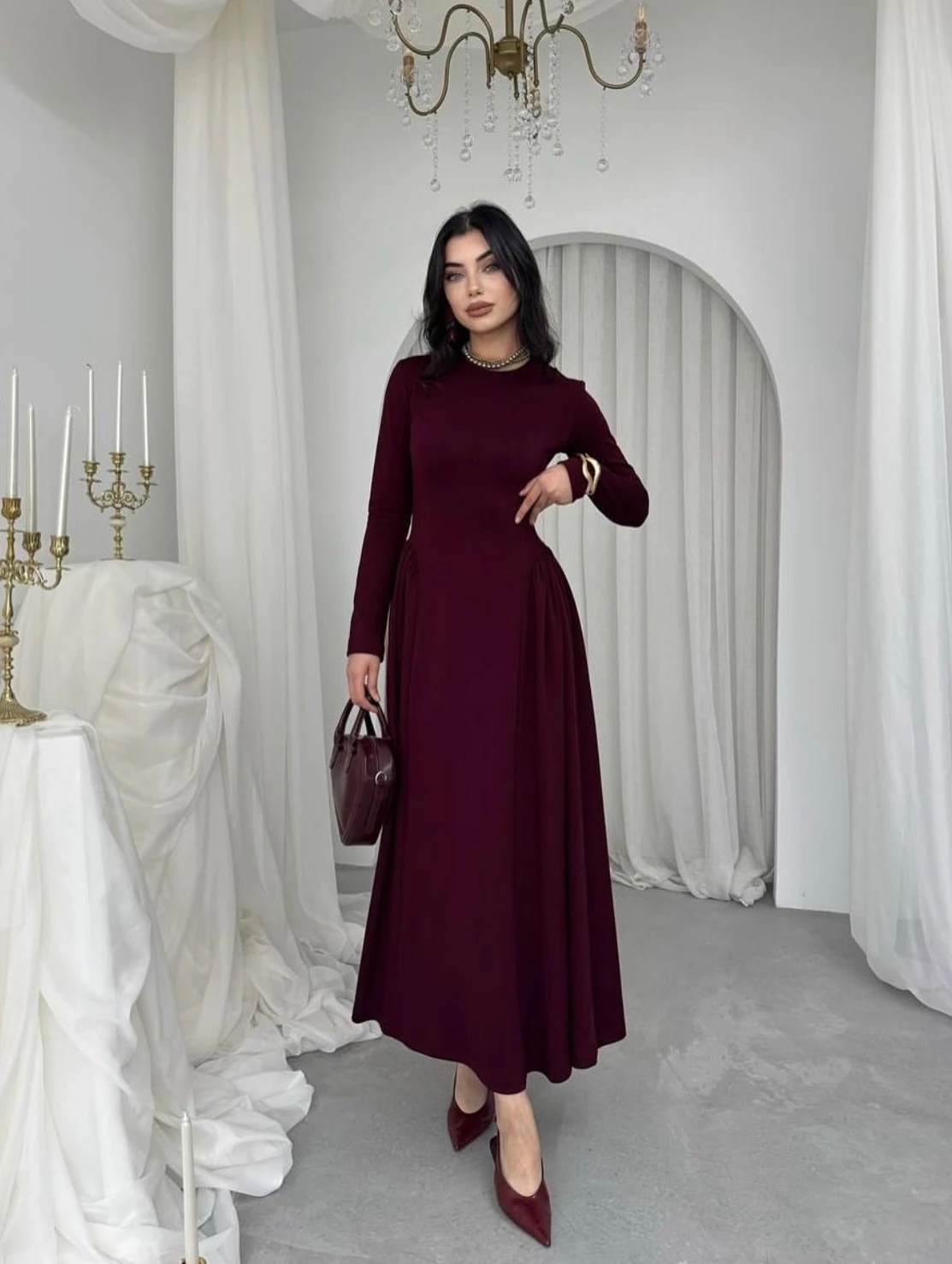 Bordo Kadın Piliseli Tasarım Elbise