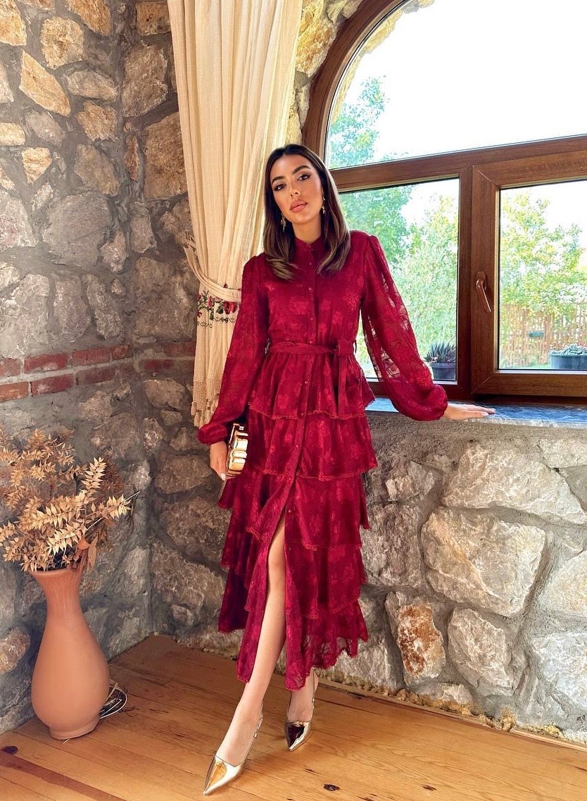 Bordo Fisto Kuşaklı Volanlı Midi Elbise