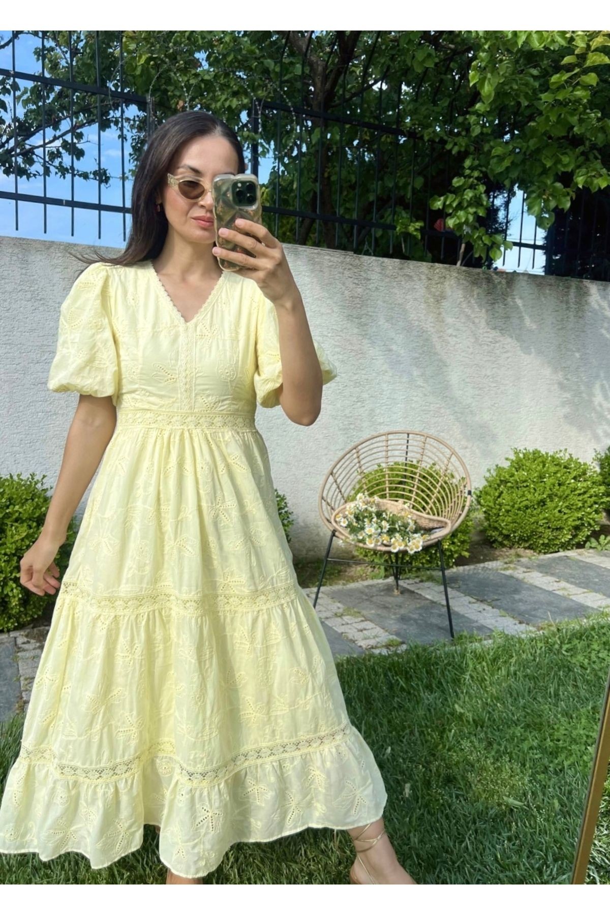 Sarı Fisto Balon Kol Brode Midi Elbise